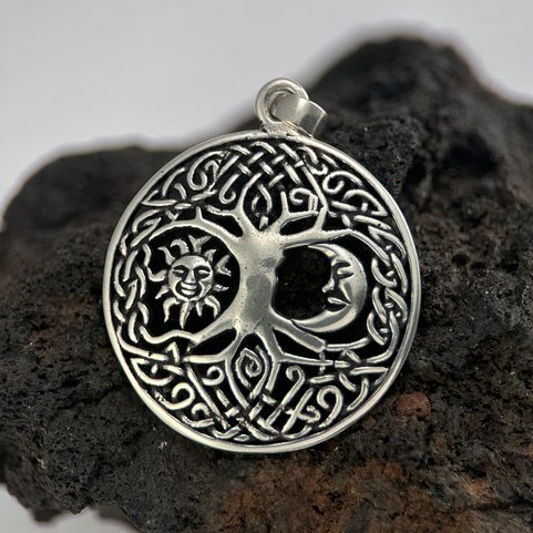 SUN AND MOON IN LIVING TREE, SILVER PENDANT