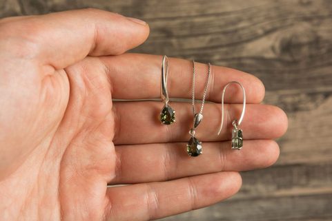 SINOPE, EARRINGS, FACETED MOLDAVITE JEWELRY, SILVER
