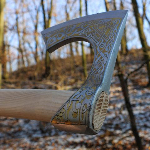VALKNUT ETCHED VIKING AXE  - GOLD PLATED