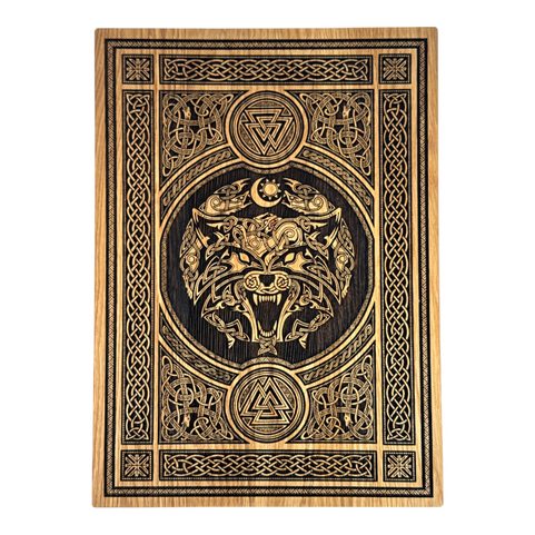 FENRIR LOUP AVEC ORNEMENTS DÉCORATION MURALE, BOIS 32X46CM