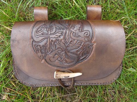 CELTIC WOLVES, HAND CARVED LEATHER BAG
