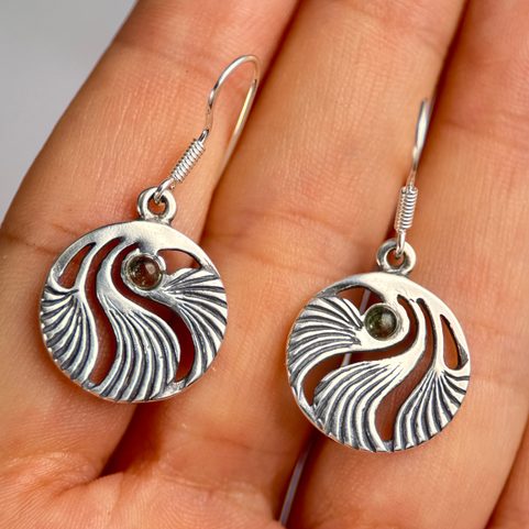 COQUILLAGE AVEC MOLDAVITE, PRAGUE ART NOUVEAU, BOUCLES D'OREILLES ARGENT 925