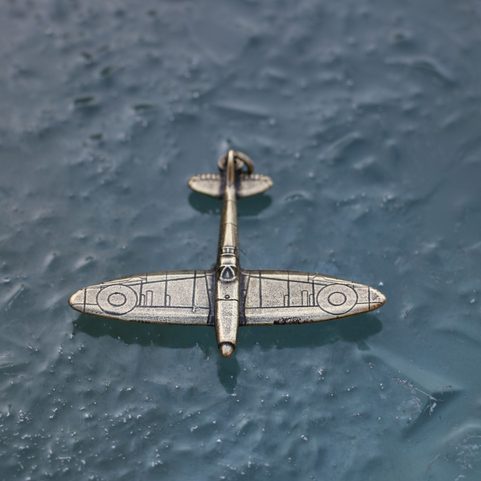 SUPERMARINE SPITFIRE KEY CHAIN, AIRCRAFT PENDANT, ANTIQUE BRASS