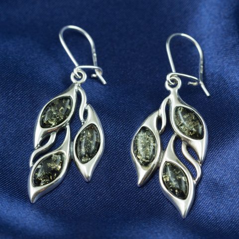 KUPALA, BOUCLES D'OREILLES EN AMBRE, VERT, ARGENT