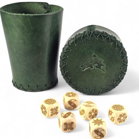 LEATHER CUP FOR DICE WITH LID - GREEN FOR FISHERMEN