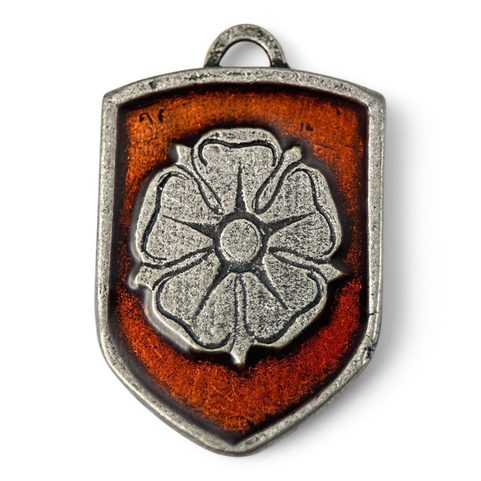 ROSE OF ROSENBERG, MEDIEVAL COAT OF ARMS IN SHIELD, ZINC, ENAMEL