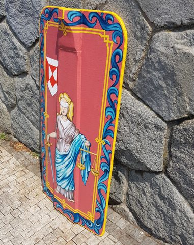 HAND PAINTED PAVISE, LONG WOODEN SHIELD JUSTICE