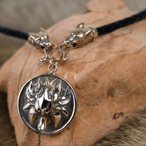 SLAVIC WOLF NECKLACE, BRONZE, LEATHER