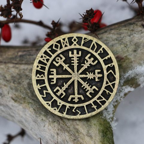 VEGVISIR, ICELANDIC RRUNES, PENDANT, ZINC ANT. BRASS