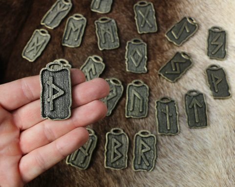 AMULET RUNES - FUTHARK, WHOLESALE SET, ZINC, ANT. BRASS