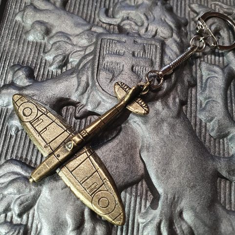 SUPERMARINE SPITFIRE KEY CHAIN, AIRCRAFT PENDANT, ANTIQUE BRASS