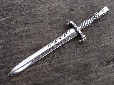 SWORD WITH RUNES, EAGLE GUARD, SILVER PENDANT, AG 925