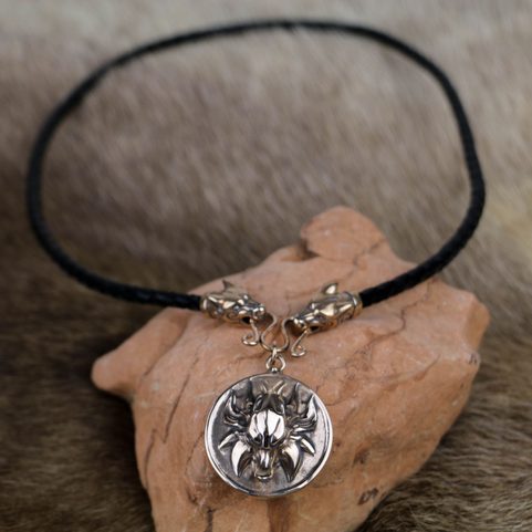 SLAVIC WOLF NECKLACE, BRONZE, LEATHER