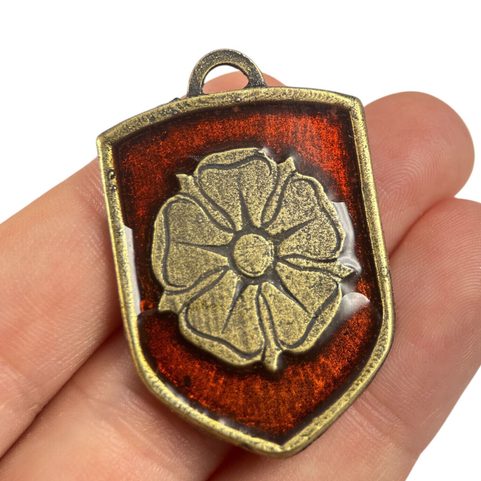 ROSE OF ROSENBERG, MEDIEVAL COAT OF ARMS IN SHIELD, ZINC, OLD BRASS, ENAMEL