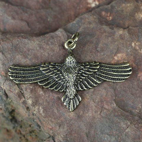 FLYING CROW - RAVEN, ZINC PENDANT, ANT. BRASS