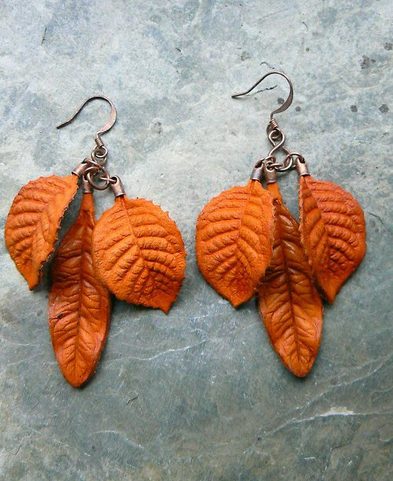 ORANGE LEAVES, LEATHER EARRINGS