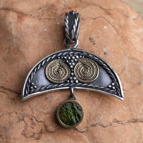 LUNA WITH MOLDAVITE SLAVIC WOMEN'S PENDANT, GOLD-PLATED SILVER
