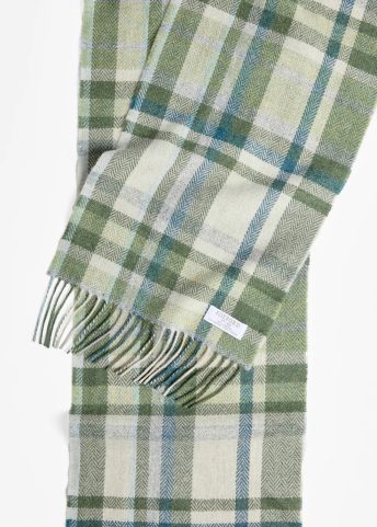 IRISH SCARF, FOXFORD GREEN, TURQUOISE &AMP; CREAM TARTAN LAMBSWOOL