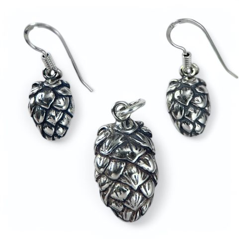 HOPS - HOP CONE, SET OF PENDANT AND EARRINGS, SILVER