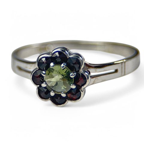 MOLDAU, RING WITH GARNETS AND MOLDAVITE, SILVER 925/1000