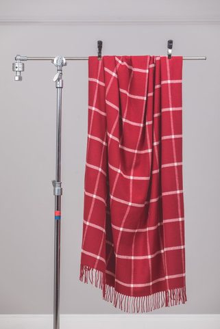 RED & WHITE WINDOWPANE THROW, LAMBS WOOL BLANKET