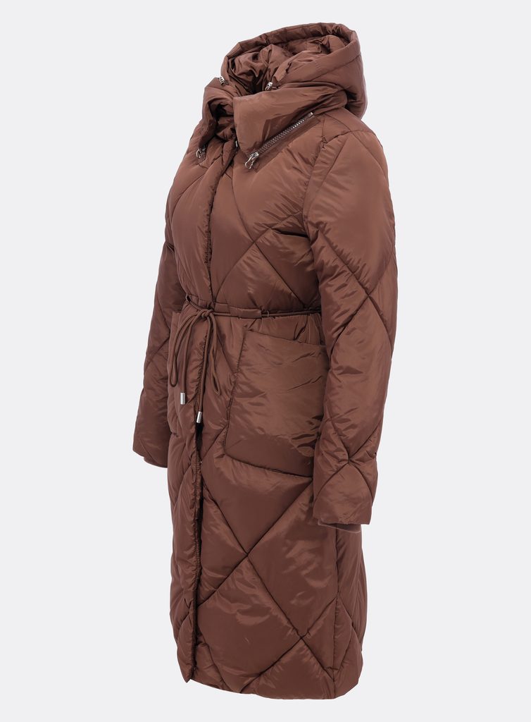 Dámska dlhá prešívaná bunda s kapucňou hnedá | Prešívané bundy | Trendova.sk