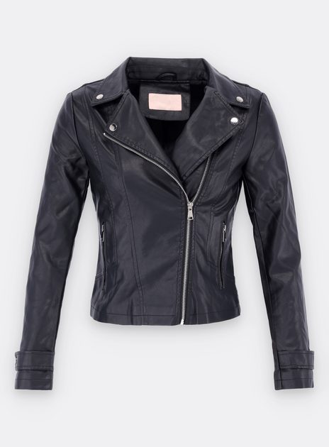 Dámska kožená bunda s asymetrickým zapínaním čierna | Koženkové bundy |  Trendova.sk