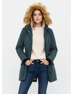 Dámska zimná bunda s kožusinou tmavozelená