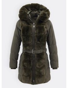 Dámska zimná bunda s kožušinou a opaskom tmavozelená