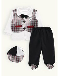 Dvojdielne dupačky s všitou károvanou vestičkou a čiapkou červené