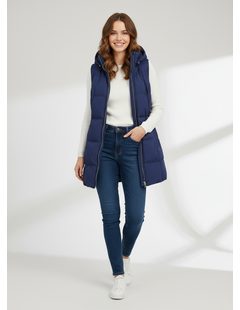 Dámská prošívaná vesta s kapucí tmavě modrá