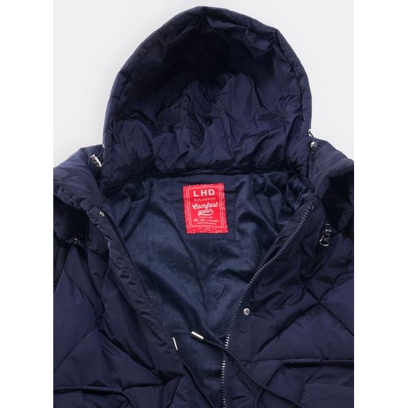 Dámská dlouhá prošívaná bunda s kapucí tmavě modrá