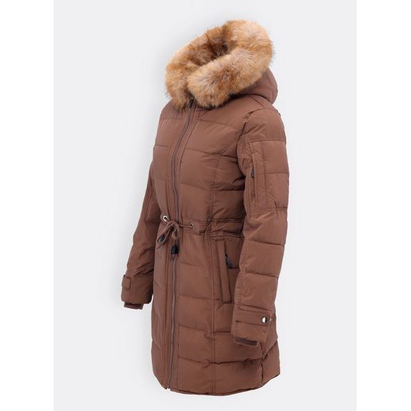 Dámská prošívaná bunda s kožešinou hnědá