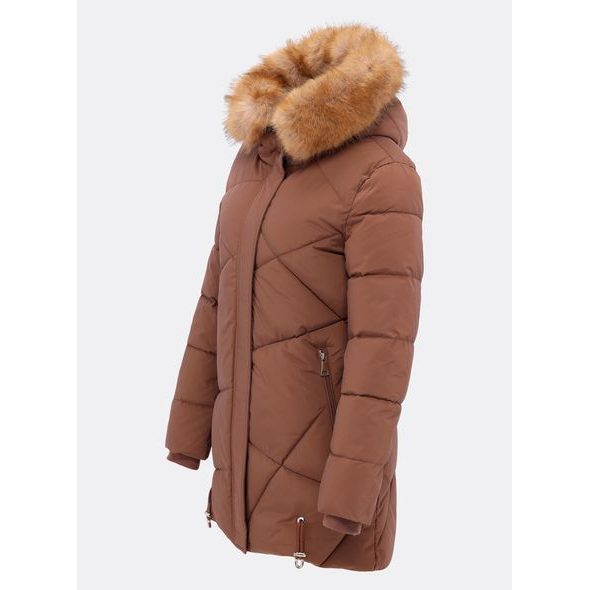 Dámska prešívaná zimná bunda s kapucňou hnedá