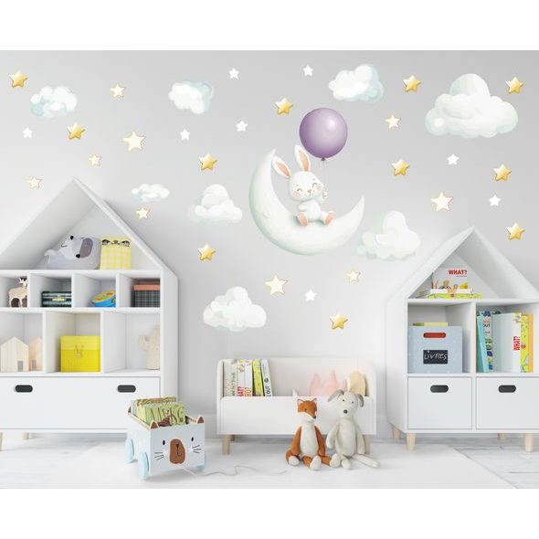 Zajačik s balónikom sediaci na mesiačiku