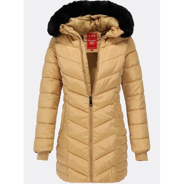 Dámska prešívaná zimná bunda s kapucňou béžová
