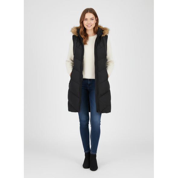 DÁMSKÁ ZIMNÍ VESTA S KAPUCÍ A KOŽEŠINOU ČERNÁ
