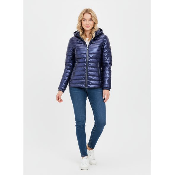 DÁMSKA LESKLÁ PREŠÍVANÁ BUNDA TMAVOMODRÁ