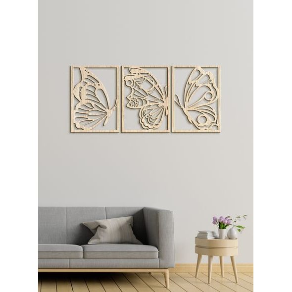 Třídílný dřevěný obrázek motýlů