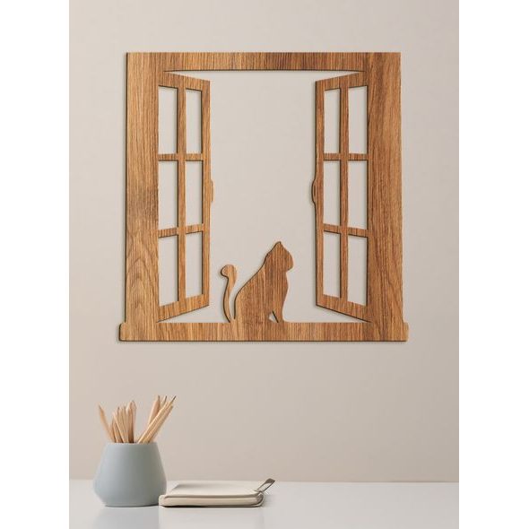 Dřevěný obrázek siluety kočky na okně