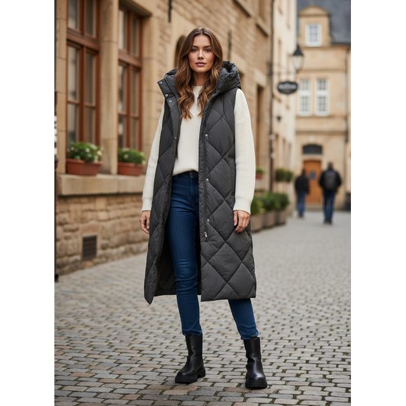 DÁMSKA DLHÁ PREŠÍVANÁ VESTA TMAVOZELENÁ