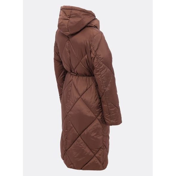 Dámská dlouhá prošívaná bunda s kapucí hnědá