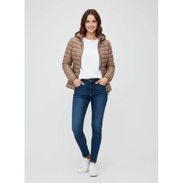 DÁMSKÁ LESKLÁ PROŠÍVANÁ BUNDA SVĚTLE HNĚDÁ
