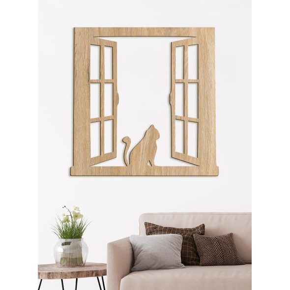 Dřevěný obrázek siluety kočky na okně