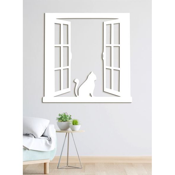 Dřevěný obrázek siluety kočky na okně