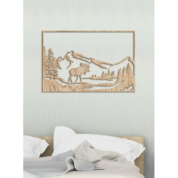 Dřevěný obraz Horská krajina s losem
