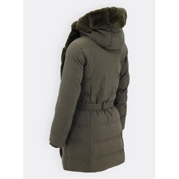 Dámska zimná bunda s kožušinou a opaskom tmavozelená