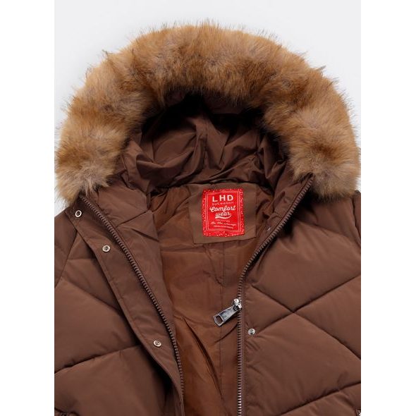 Dámska prešívaná zimná bunda s kapucňou hnedá