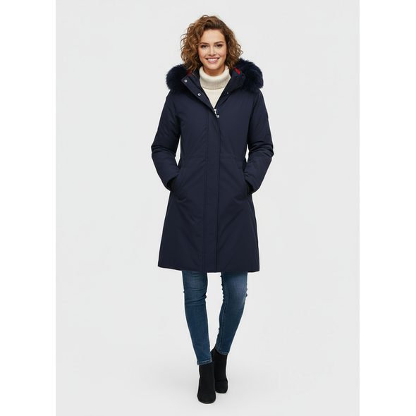 DÁMSKÁ OBOUSTRANNÁ BUNDA TMAVĚ MODRO-ČERVENÁ