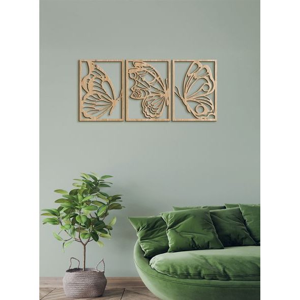 Třídílný dřevěný obrázek motýlů